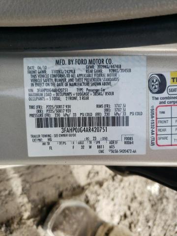 2010 Ford Fusion Sel VIN: 3FAHP0JG4AR420751 Lot: 44985194