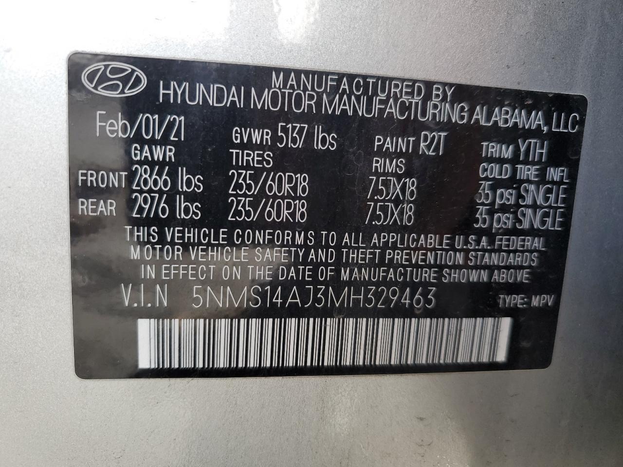 5NMS14AJ3MH329463 2021 Hyundai Santa Fe Se