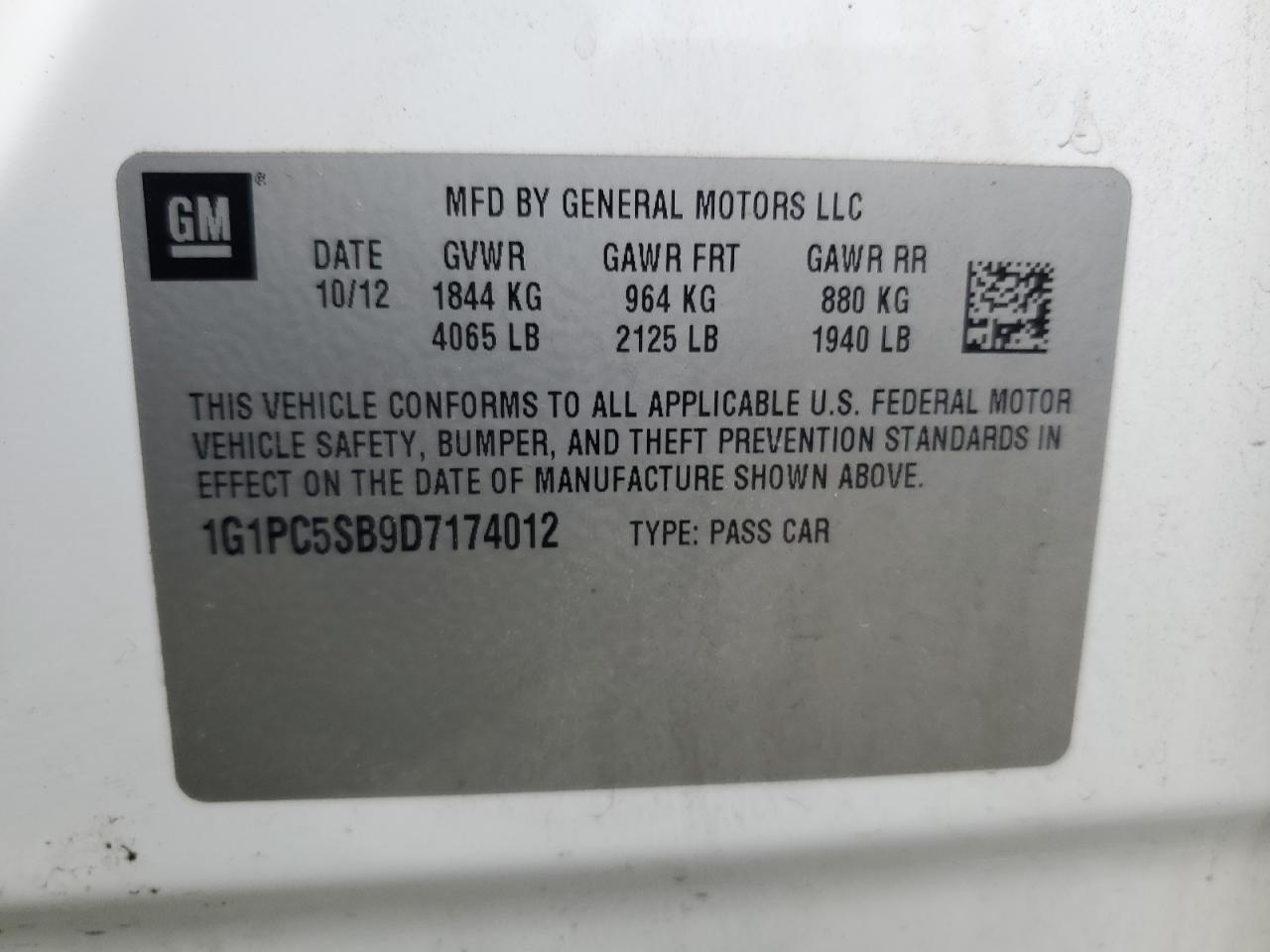 1G1PC5SB9D7174012 2013 Chevrolet Cruze Lt 1G1PC5SB9D7174012 2013 Chevrolet Cruze Lt