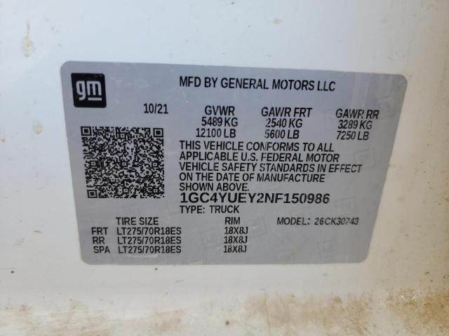 2022 CHEVROLET SILVERADO 1GC4YUEY2NF150986