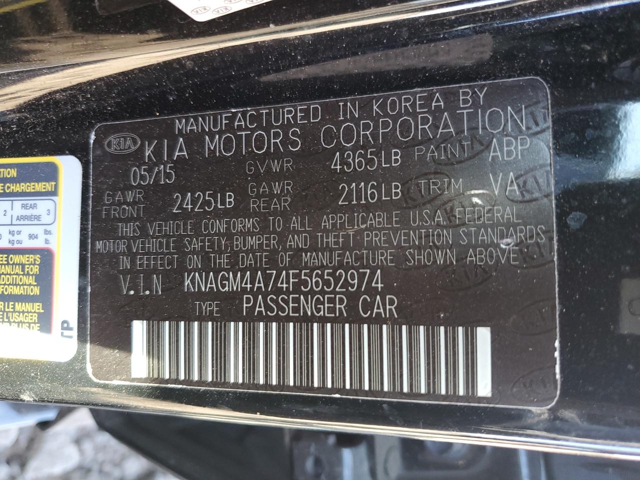 KNAGM4A74F5652974 2015 Kia Optima Lx