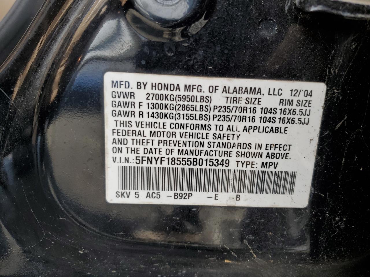 5fnyf18555b015349 5FNYF18555B015349 2005 Honda Pilot Exl