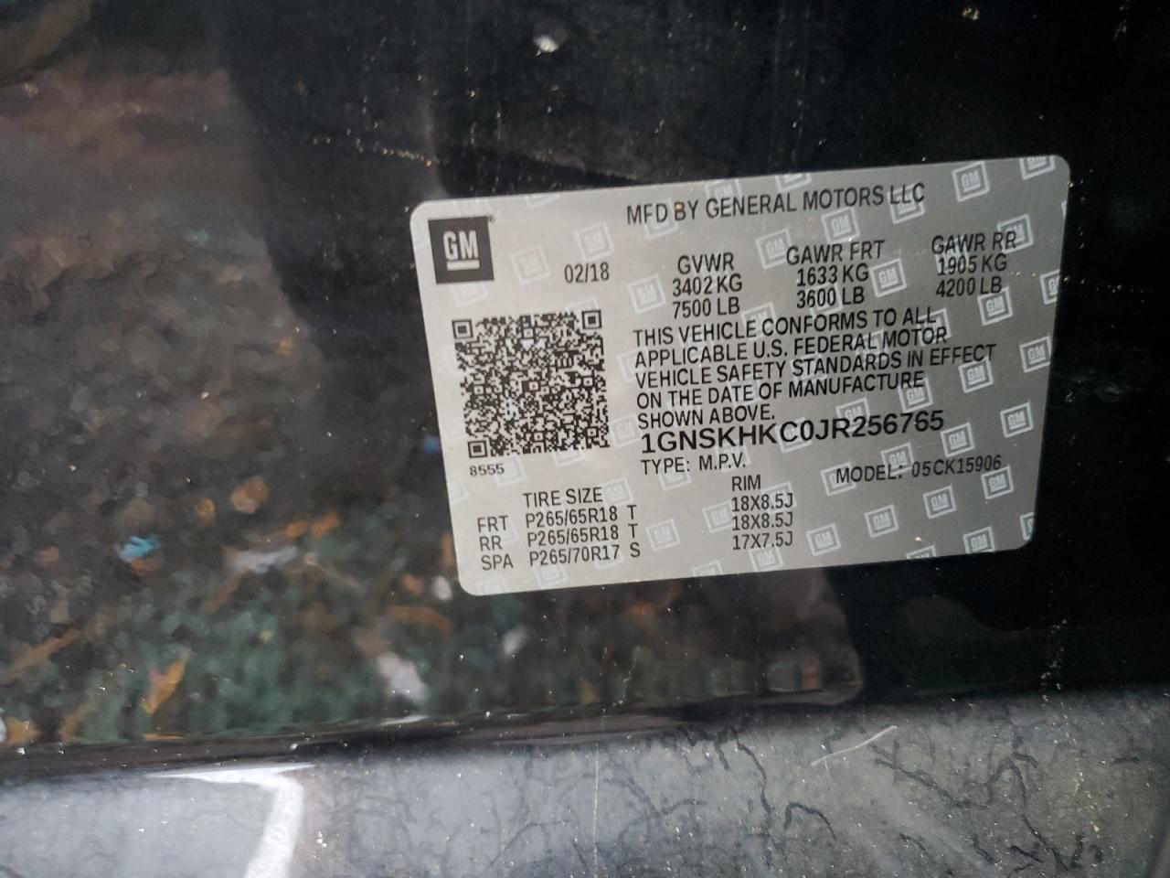1GNSKHKC0JR256765 CHEVROLET SUBURBAN 2018