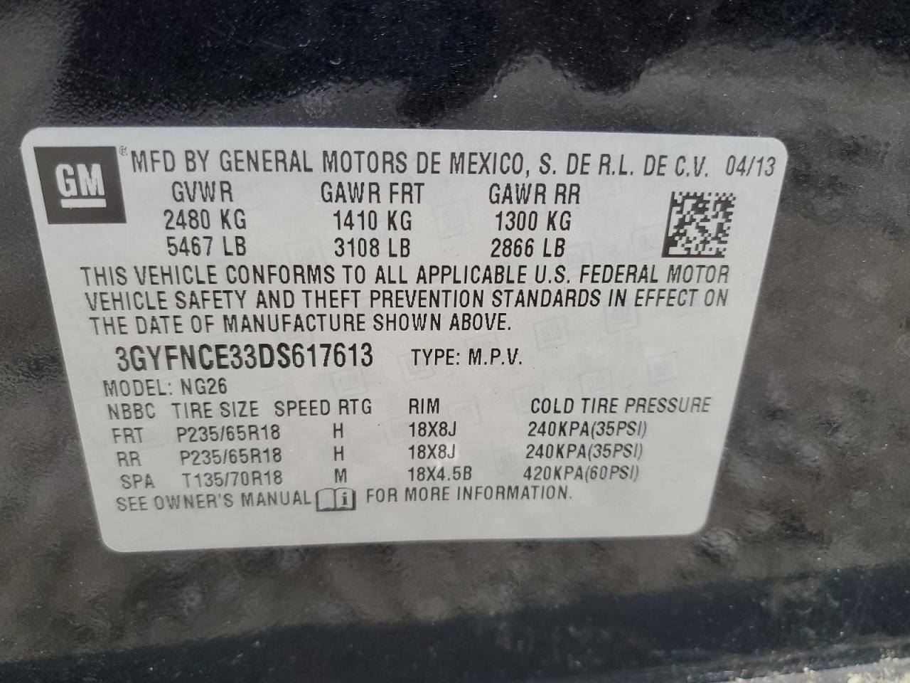 3GYFNCE33DS617613 2013 Cadillac Srx Luxury Collection