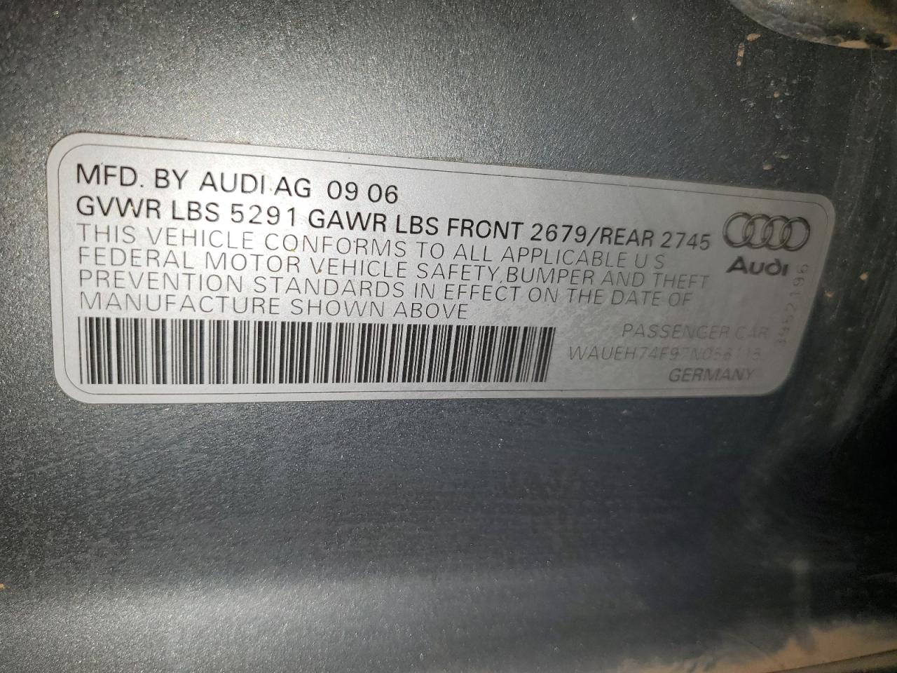 waueh74f97n056115 WAUEH74F97N056115 2007 Audi A6 S-Line Quattro