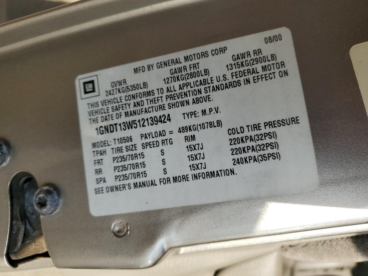 1GNDT13W512139424 2001 Chevrolet Blazer