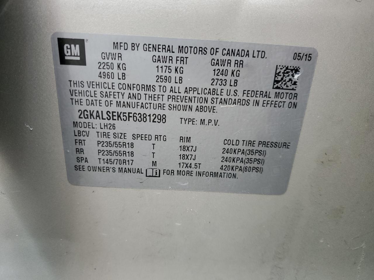 2GKALSEK5F6381298 2015 GMC Terrain Slt