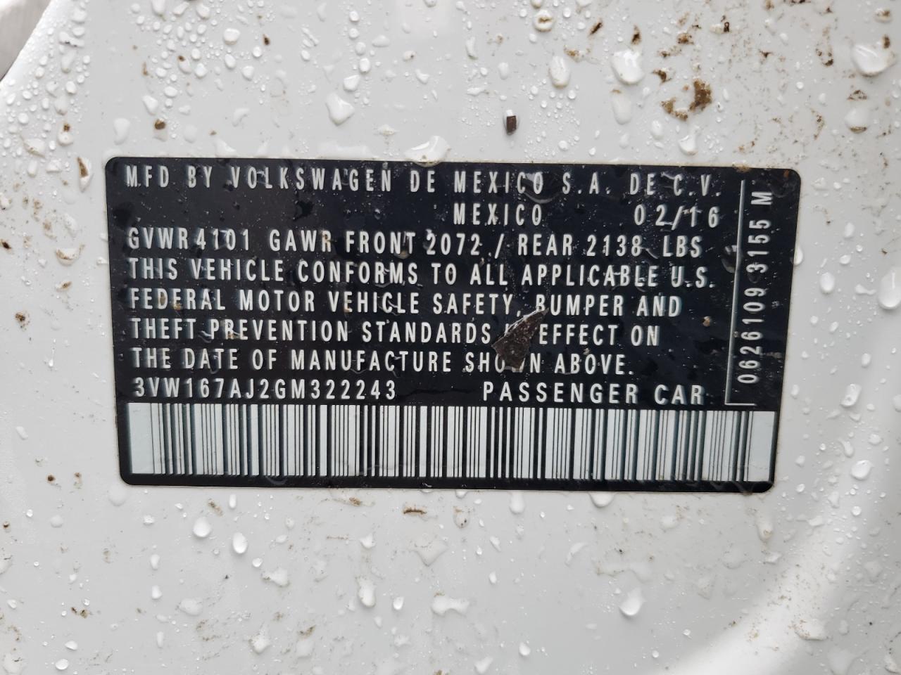 3VW167AJ2GM322243 2016 Volkswagen Jetta S