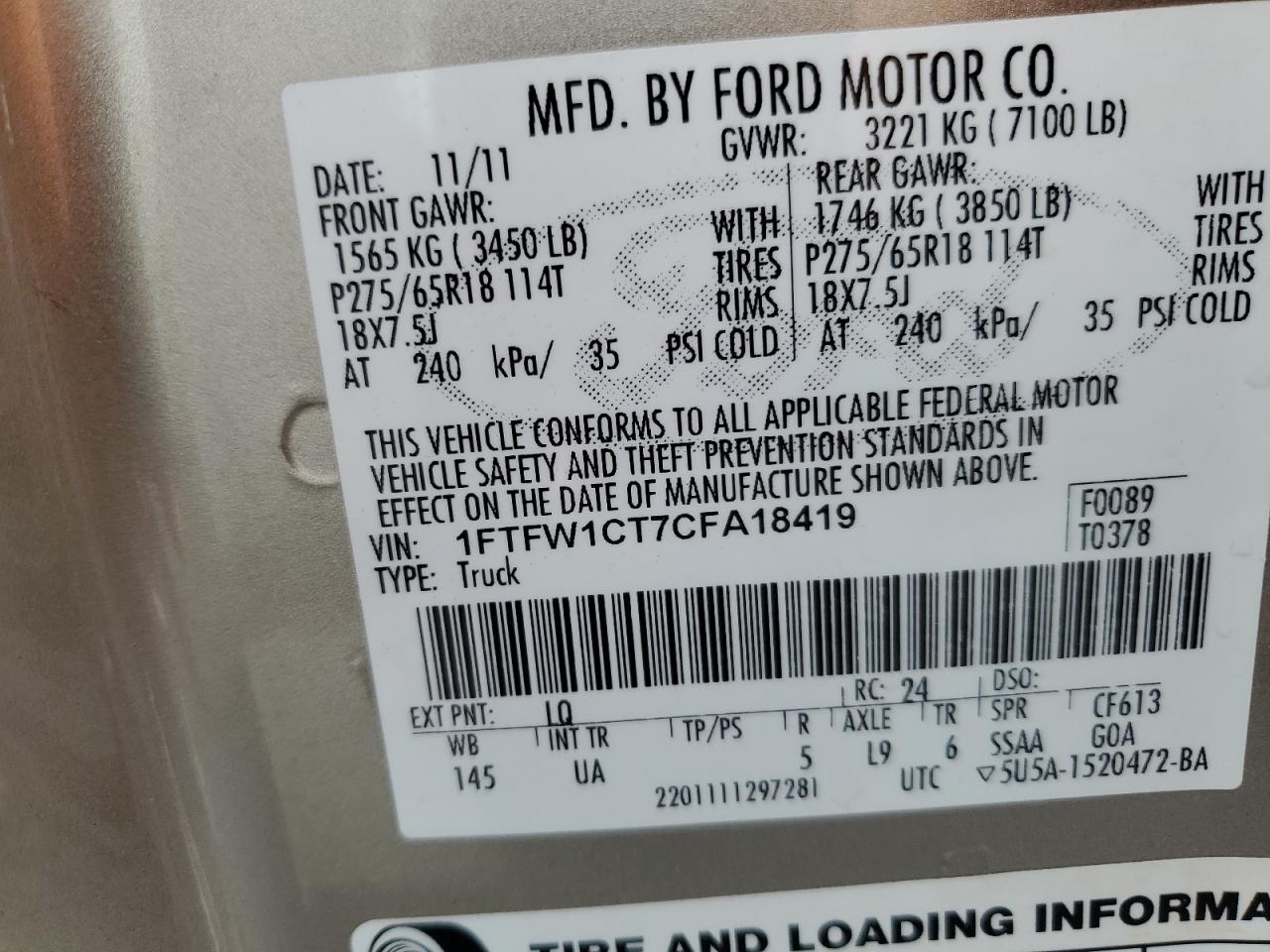 1FTFW1CT7CFA18419 2012 Ford F150 Supercrew