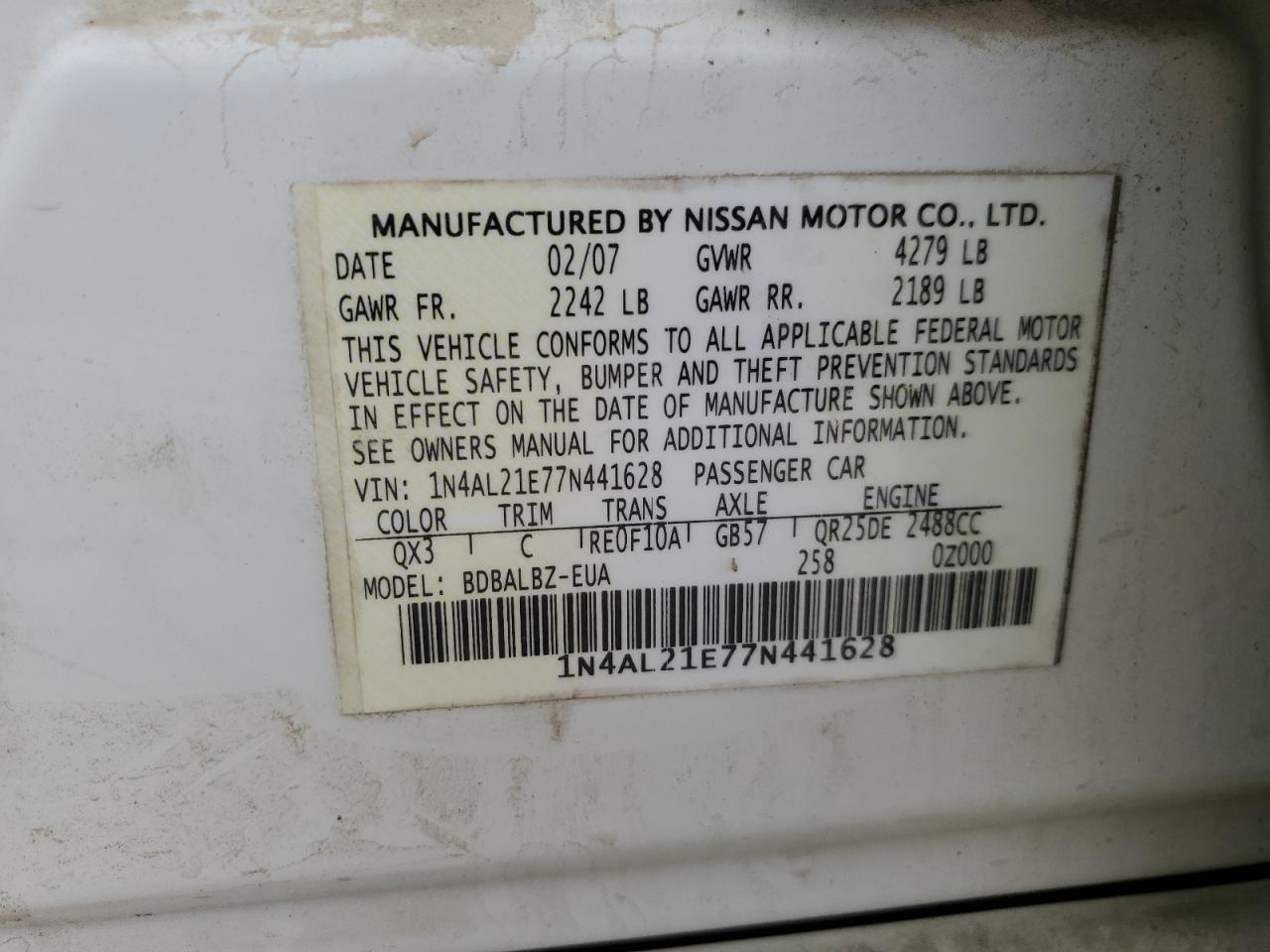 1N4AL21E77N441628 2007 Nissan Altima 2.5