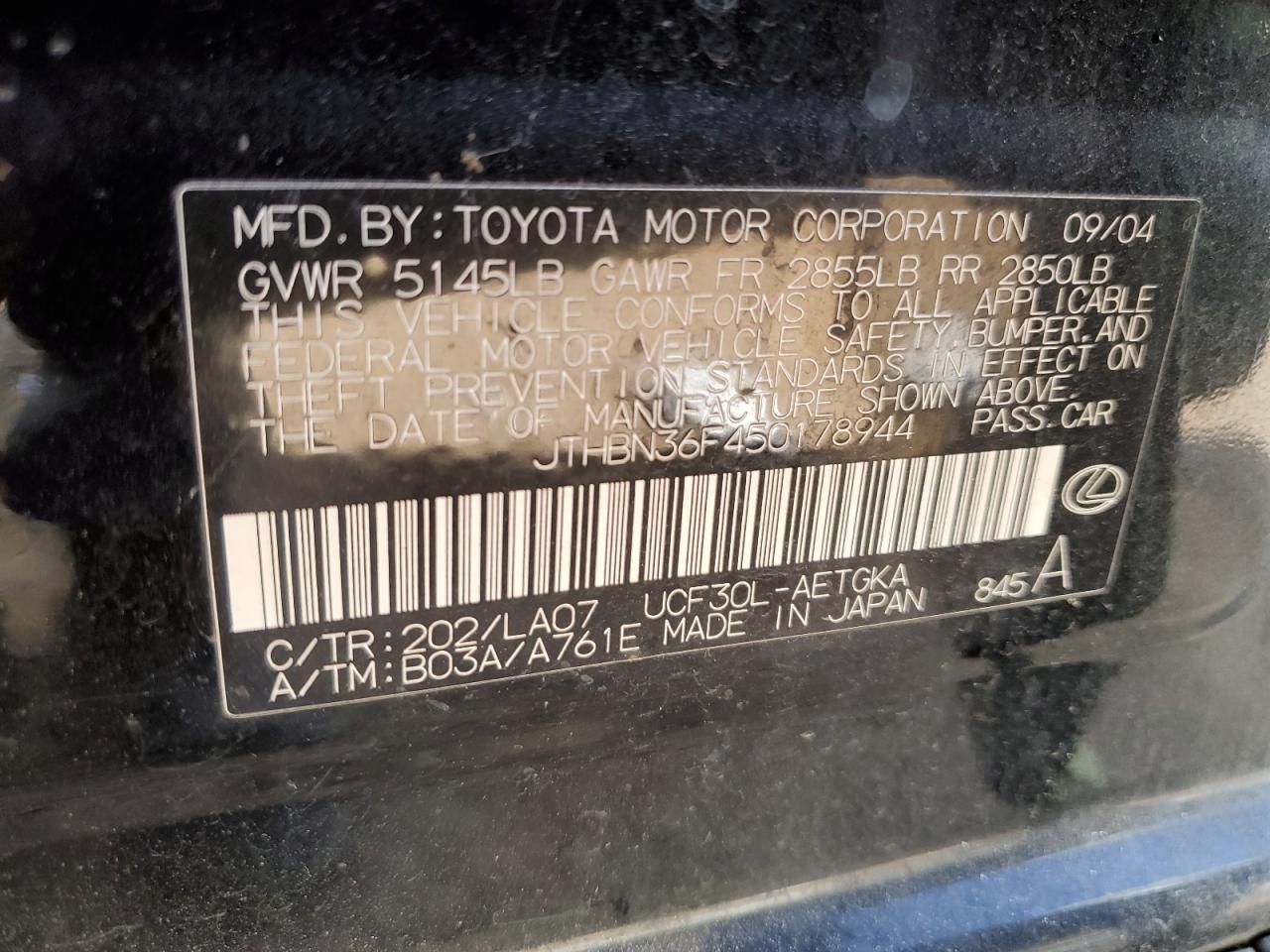 JTHBN36F450178944 2005 Lexus Ls 430