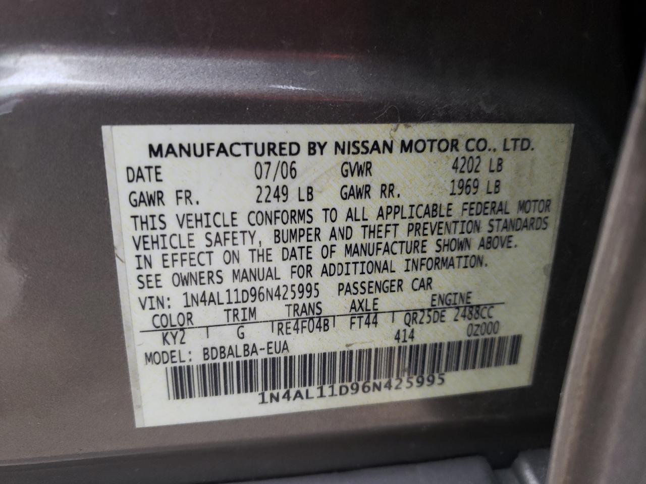 1N4AL11D96N425995 2006 Nissan Altima S