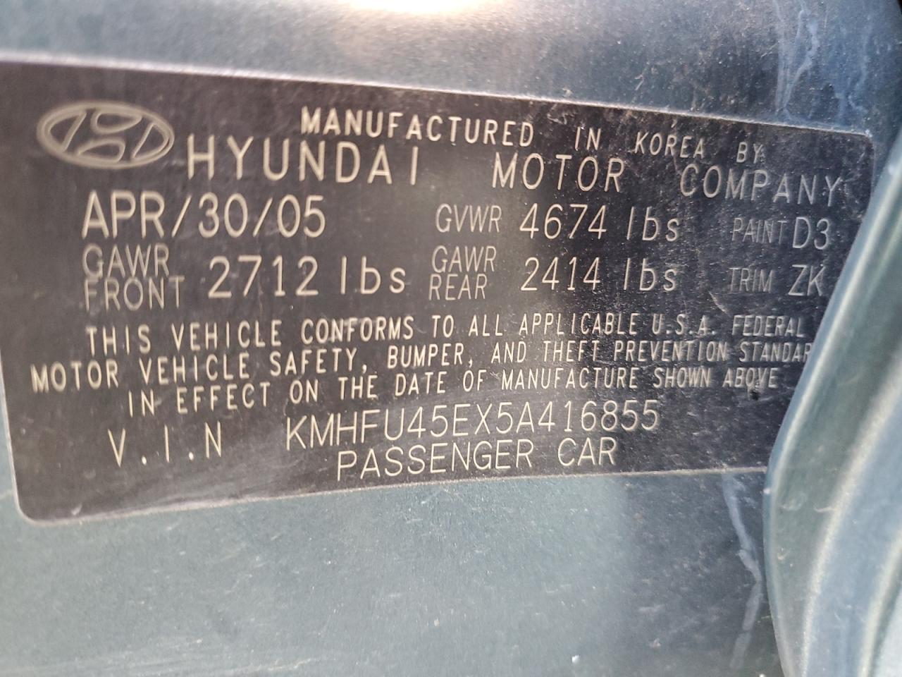 KMHFU45EX5A416855 2005 Hyundai Xg 350