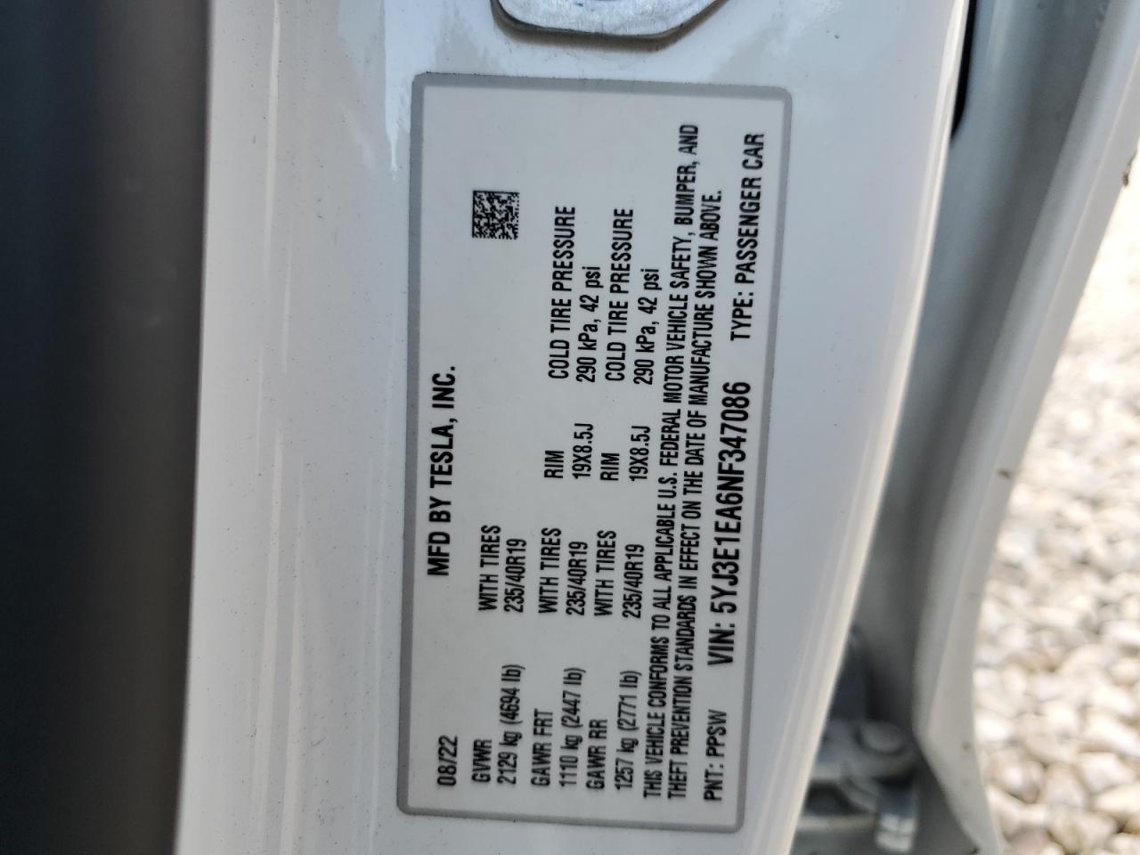 2022 Tesla Model 3 vin: 5YJ3E1EA6NF347086