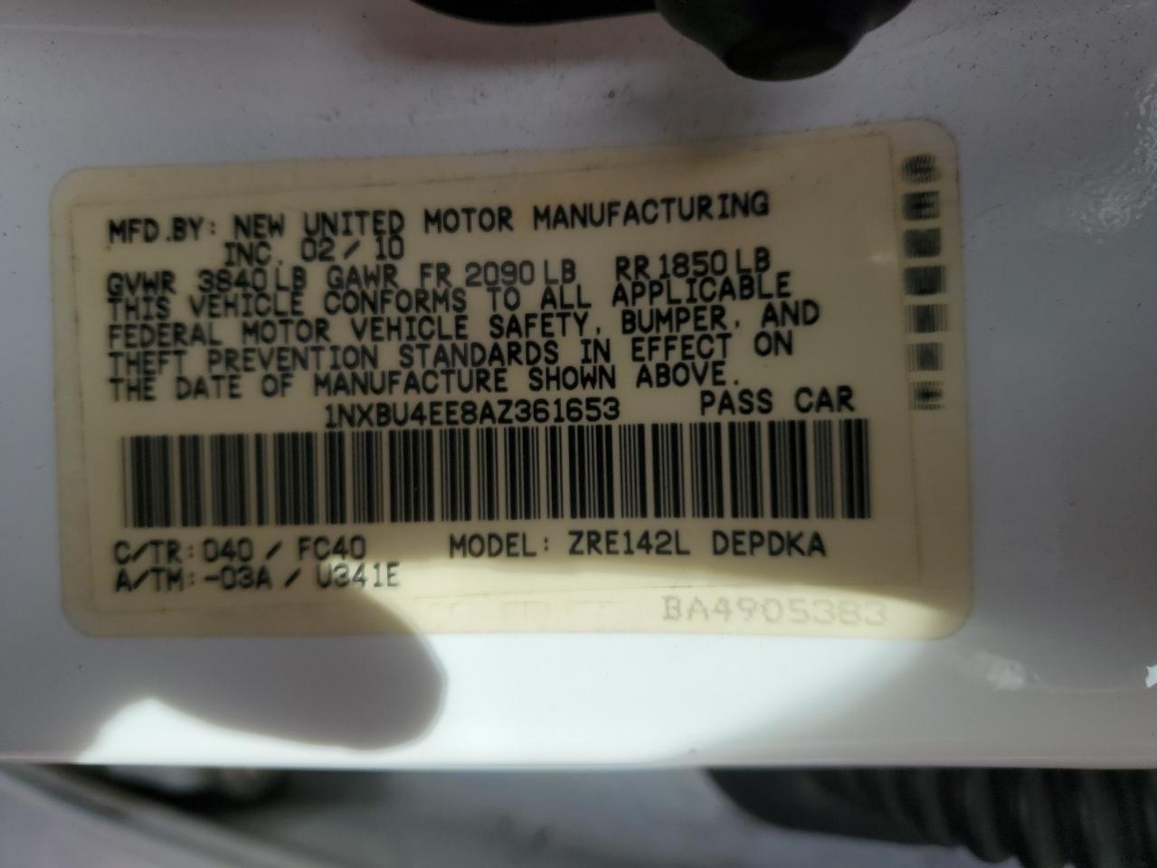 1NXBU4EE8AZ361653 2010 Toyota Corolla Base