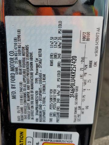 2019 FORD FUSION SE 3FA6P0LU4KR257420