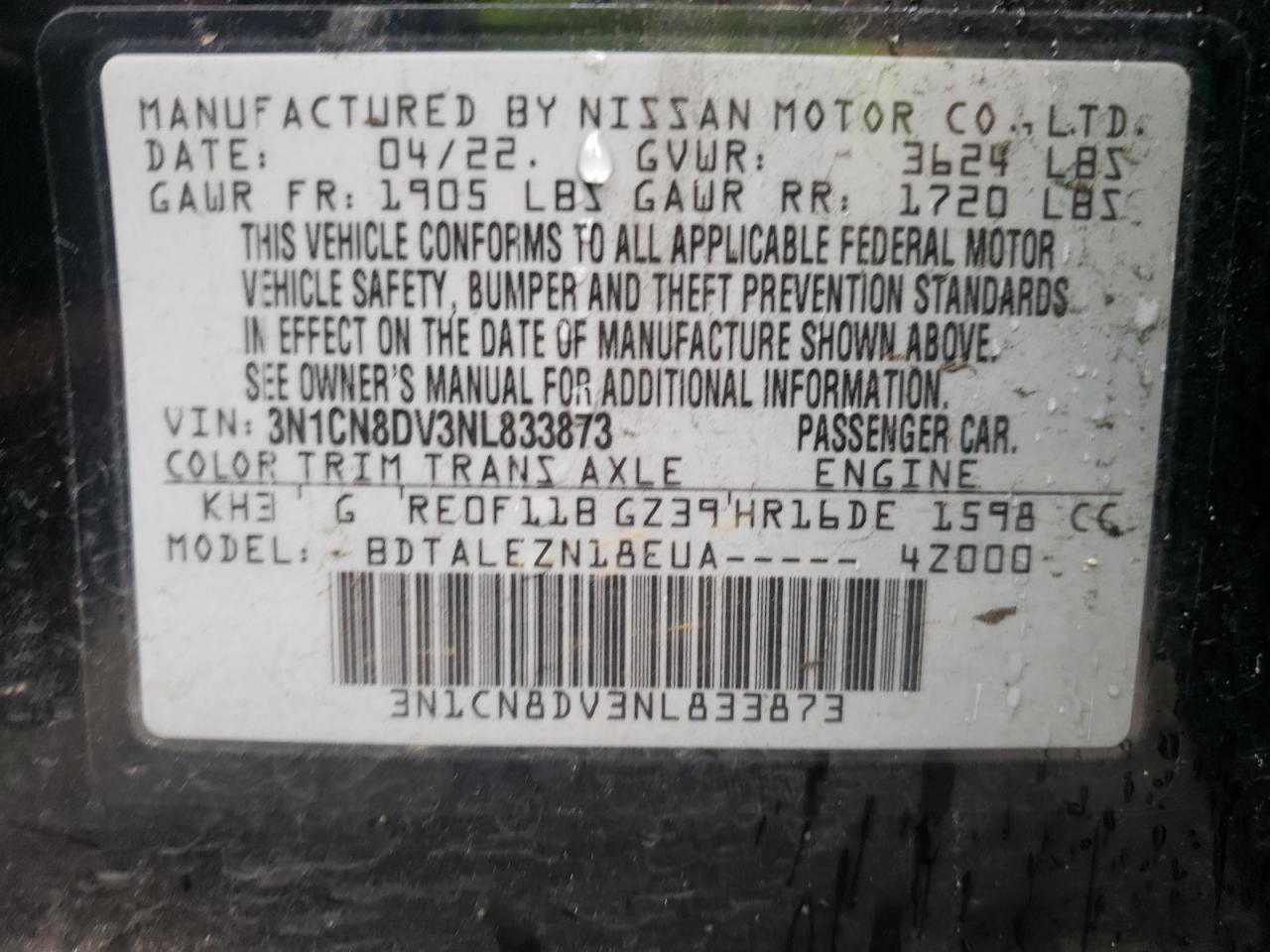 3N1CN8DV3NL833873 2022 Nissan Versa S