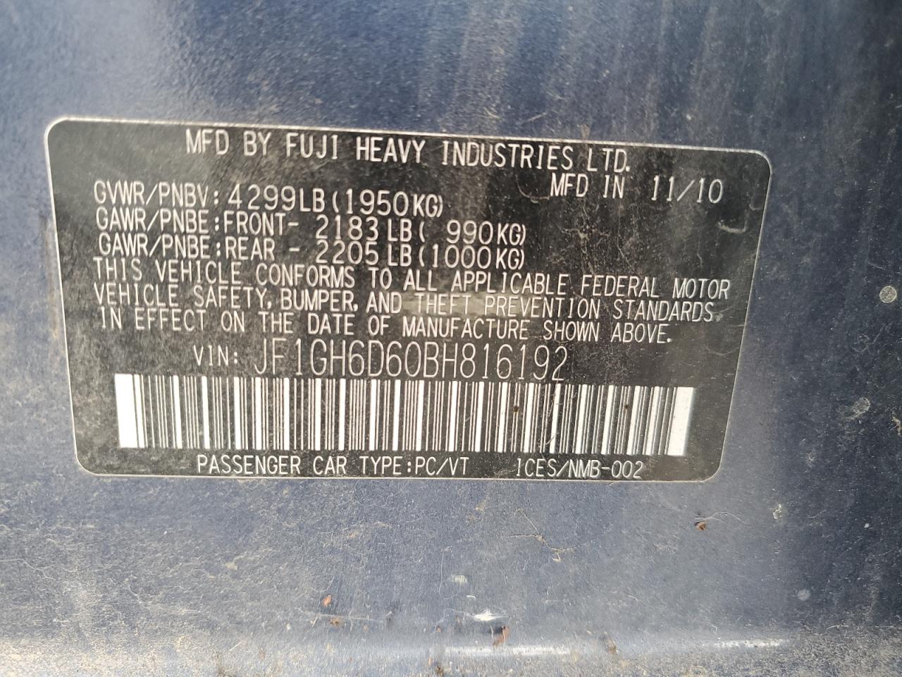 JF1GH6D60BH816192 2011 Subaru Impreza Outback Sport