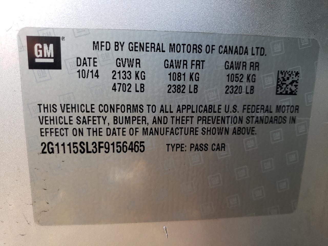 2G1115SL3F9156465 2015 Chevrolet Impala Lt