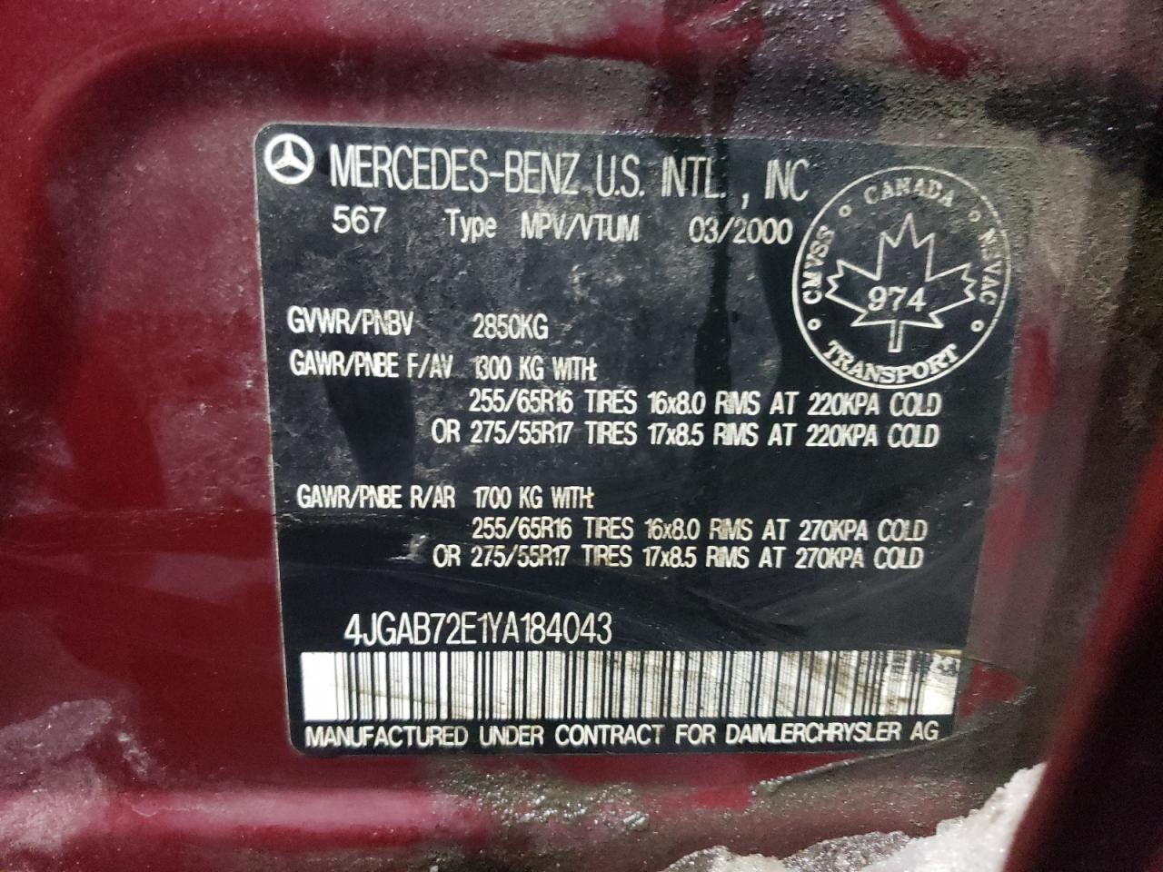 4JGAB72E1YA184043 2000 Mercedes-Benz Ml 430