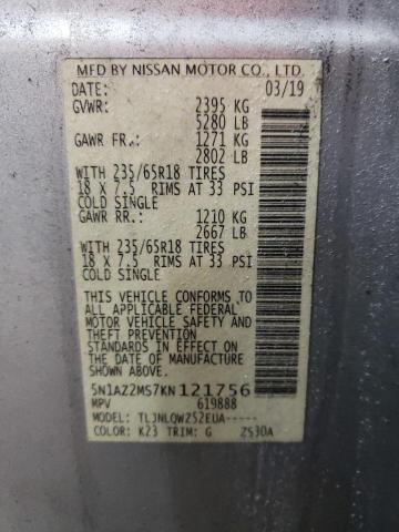 2019 Nissan Murano S VIN: 5N1AZ2MS7KN121756 Lot: 38840594