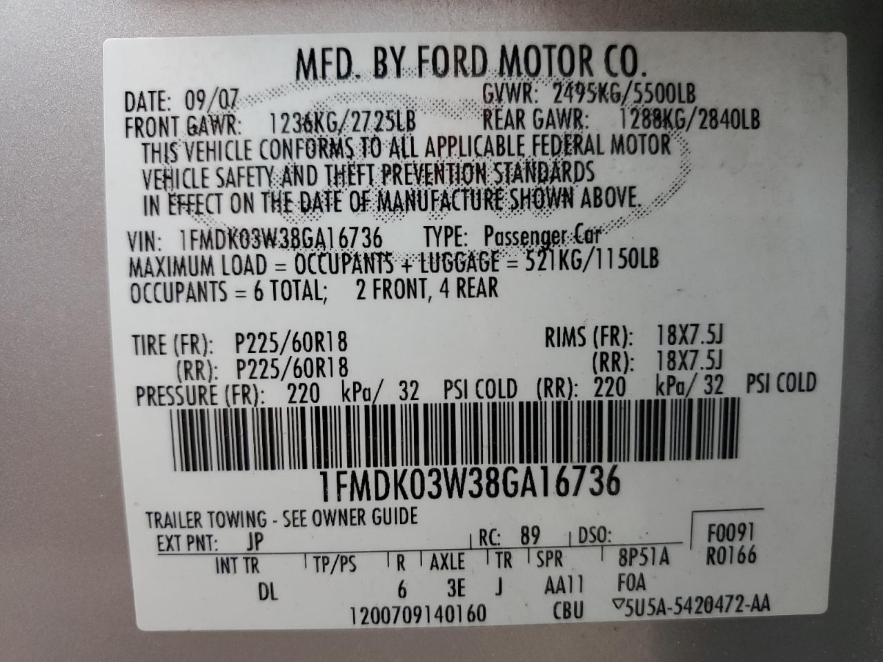 1FMDK03W38GA16736 2008 Ford Taurus X Limited