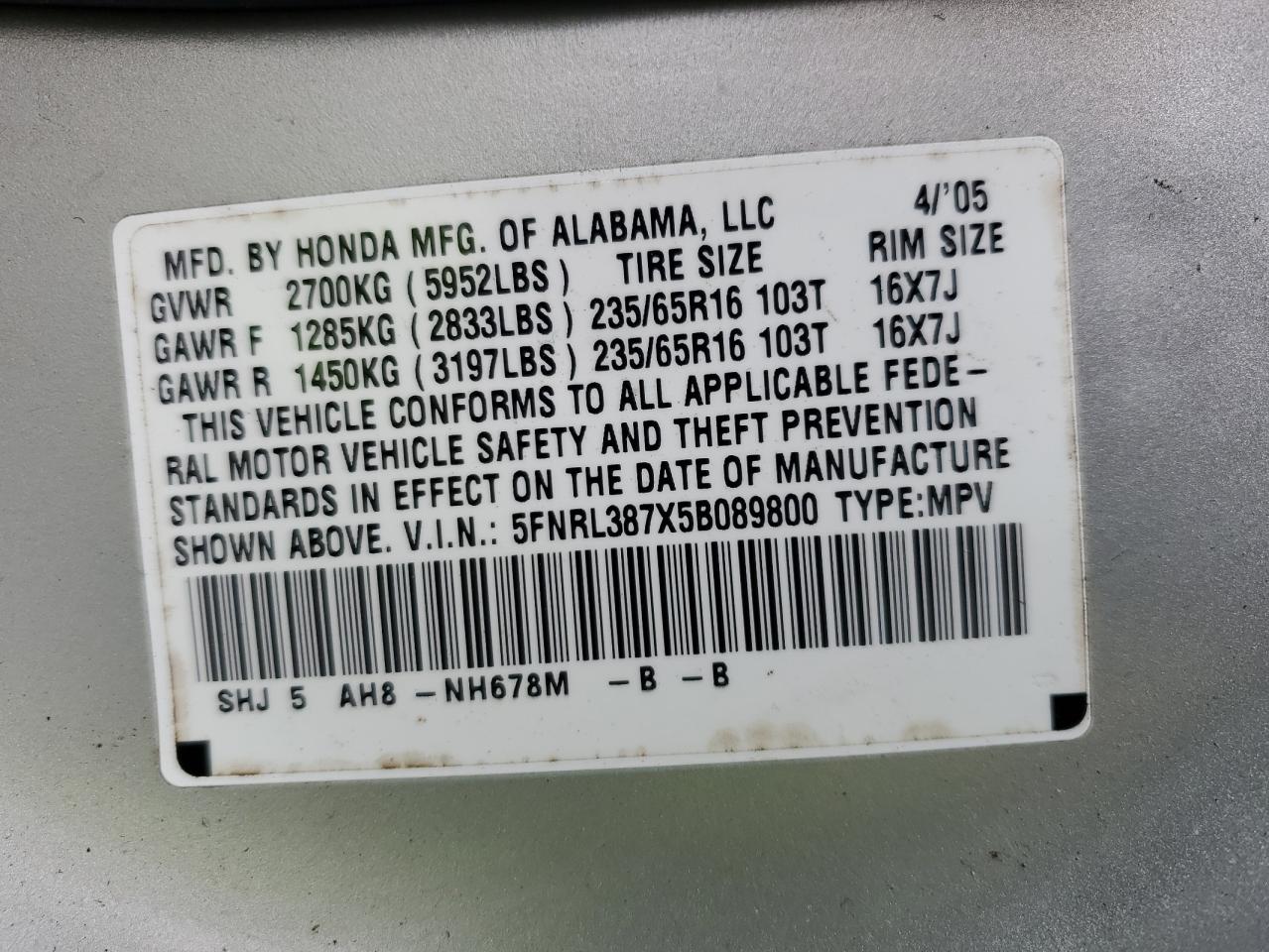 5FNRL387X5B089800 2005 Honda Odyssey Exl