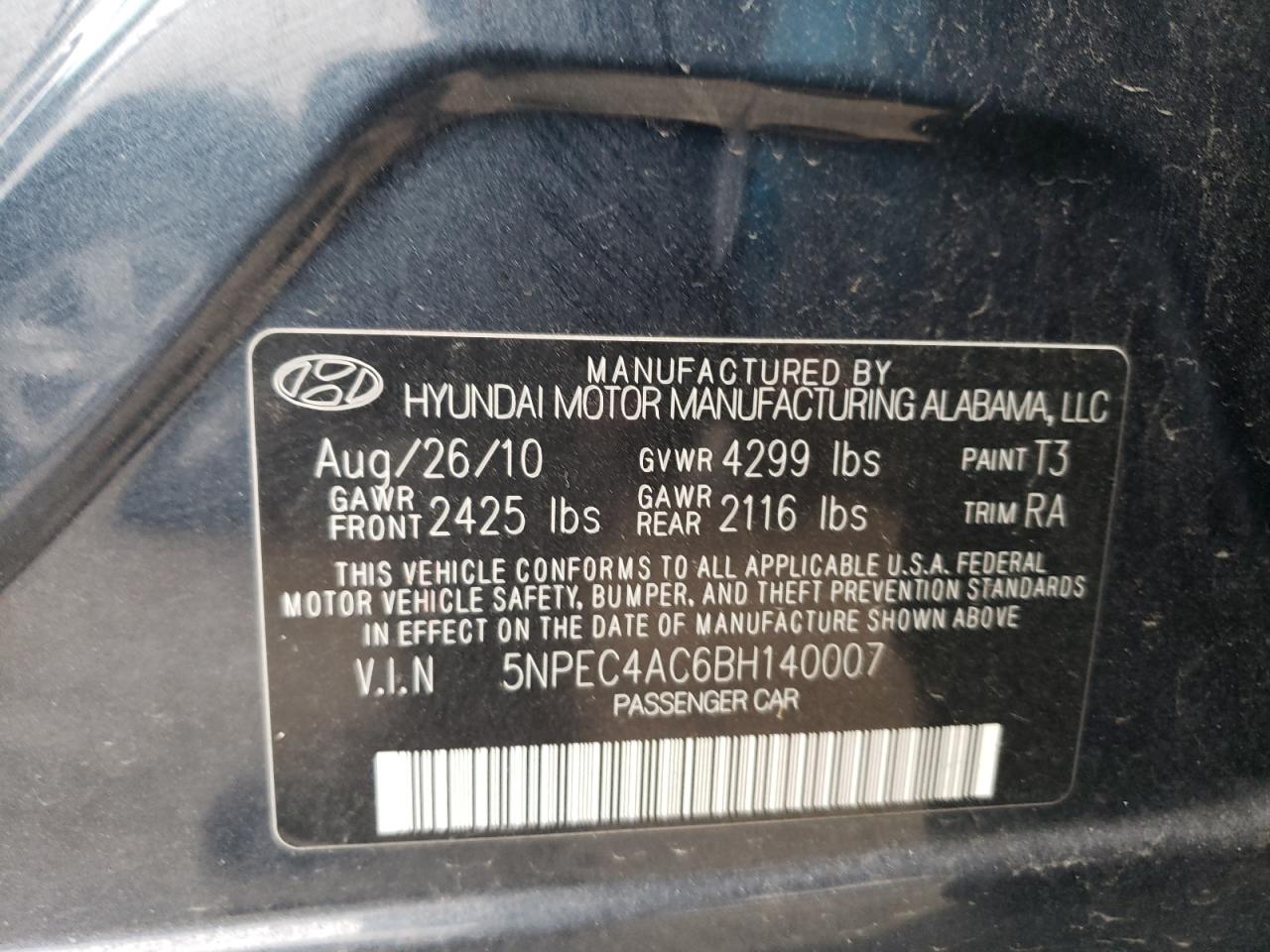 5NPEC4AC6BH140007 2011 Hyundai Sonata Se