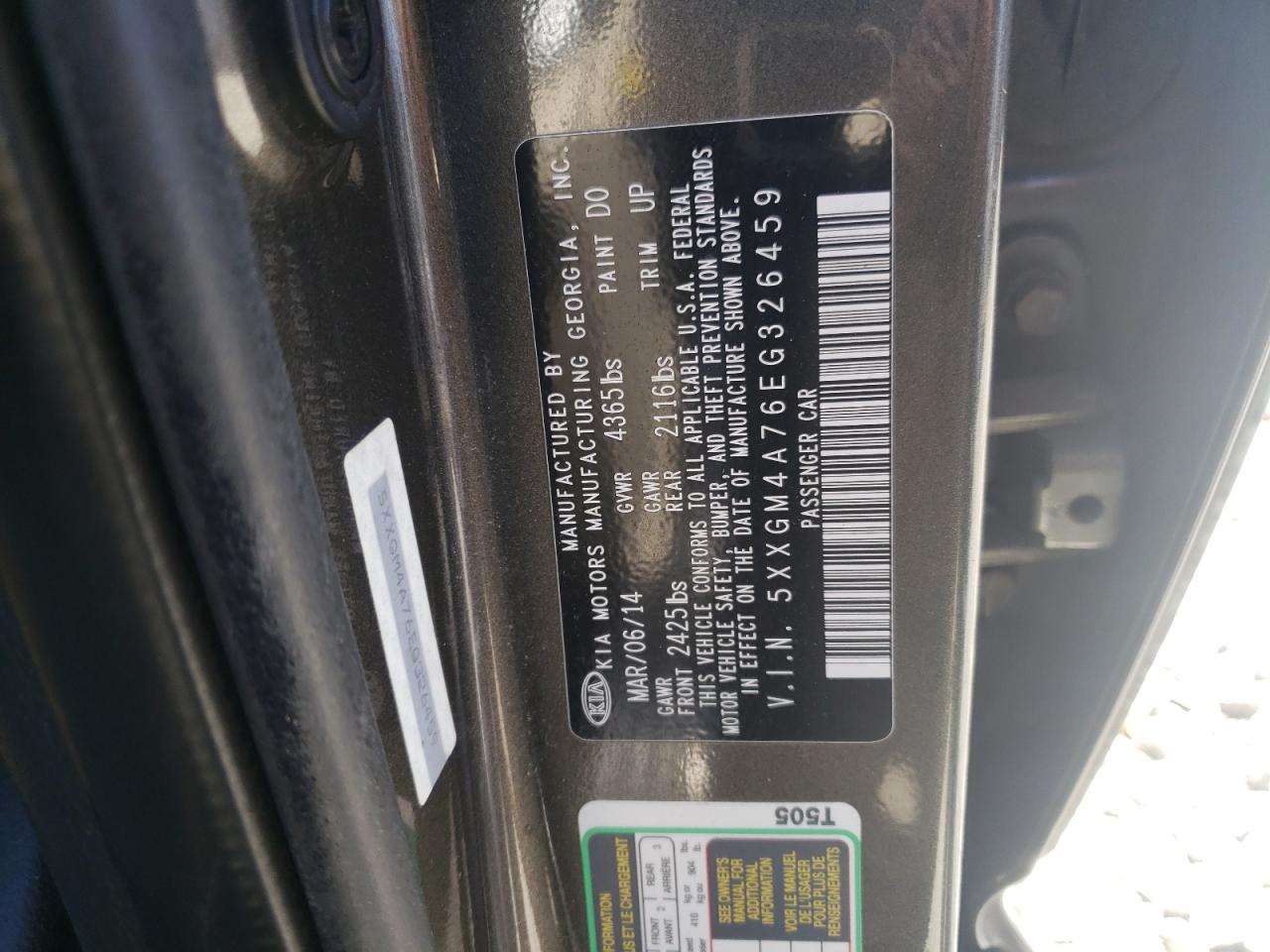 5XXGM4A76EG326459 2014 Kia Optima Lx