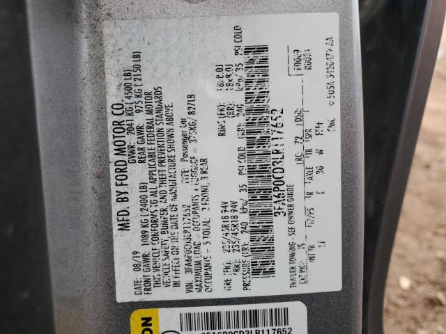 VIN 3FA6P0CD3LR117652 2020 Ford Fusion, Sel no.12