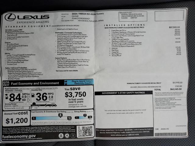 2024 LEXUS NX 450H LU JTJHKCFZ9R2020427