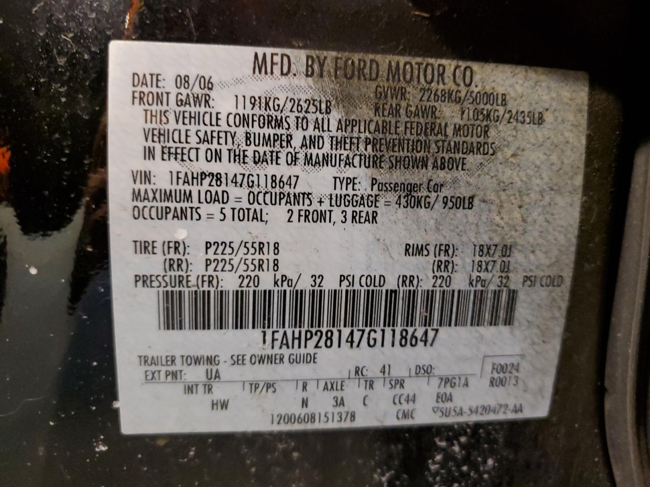 1fahp28147g118647 1FAHP28147G118647 2007 Ford Five Hundred Limited