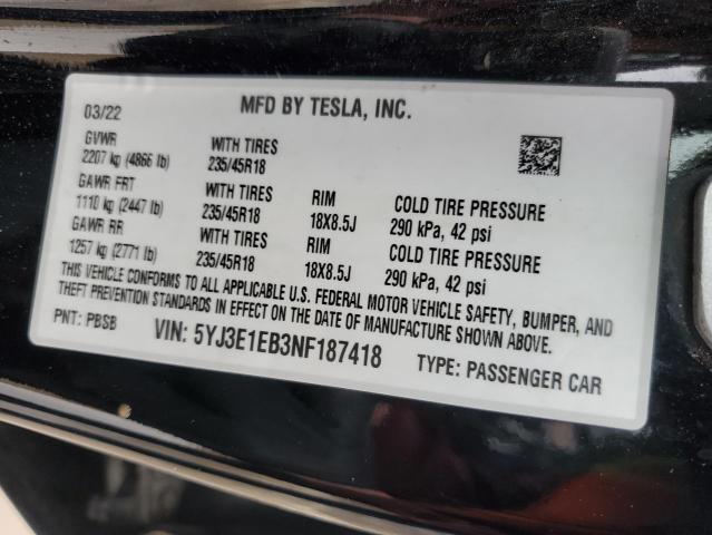 2022 Tesla Model 3 VIN: 5YJ3E1EB3NF187418 Lot: 41504594