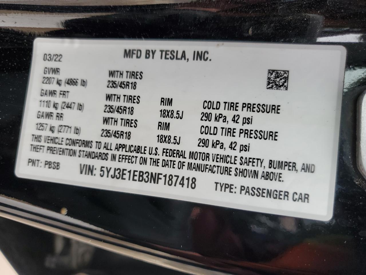 5YJ3E1EB3NF187418 2022 Tesla Model 3