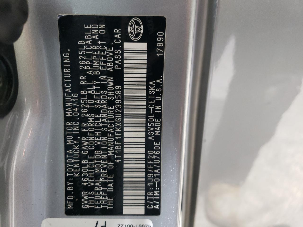 4T1BF1FKXGU239589 2016 Toyota Camry Le