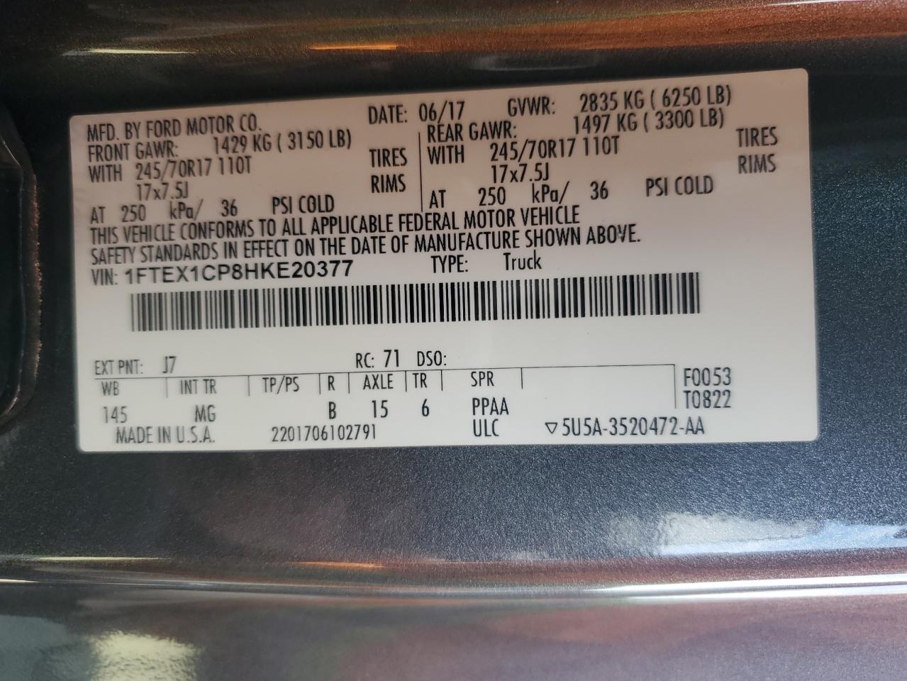 1FTEX1CP8HKE20377 2017 Ford F150 Super Cab