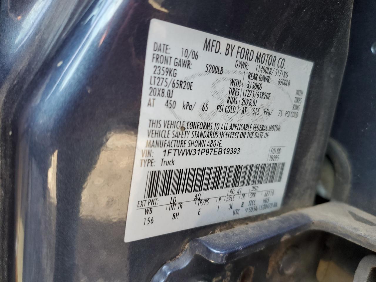 1FTWW31P97EB19393 2007 Ford F350 Srw Super Duty