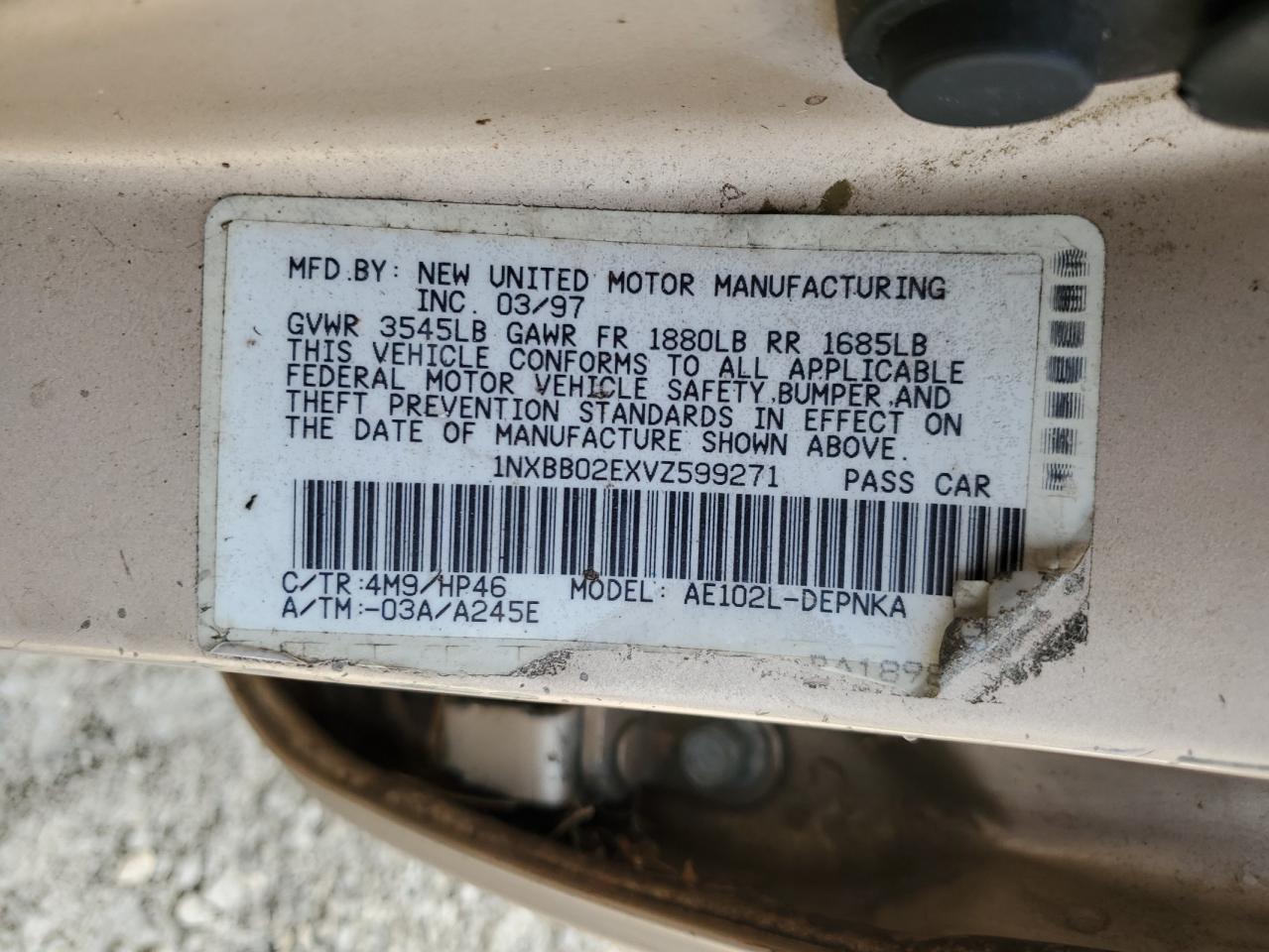 1NXBB02EXVZ599271 1997 Toyota Corolla Dx