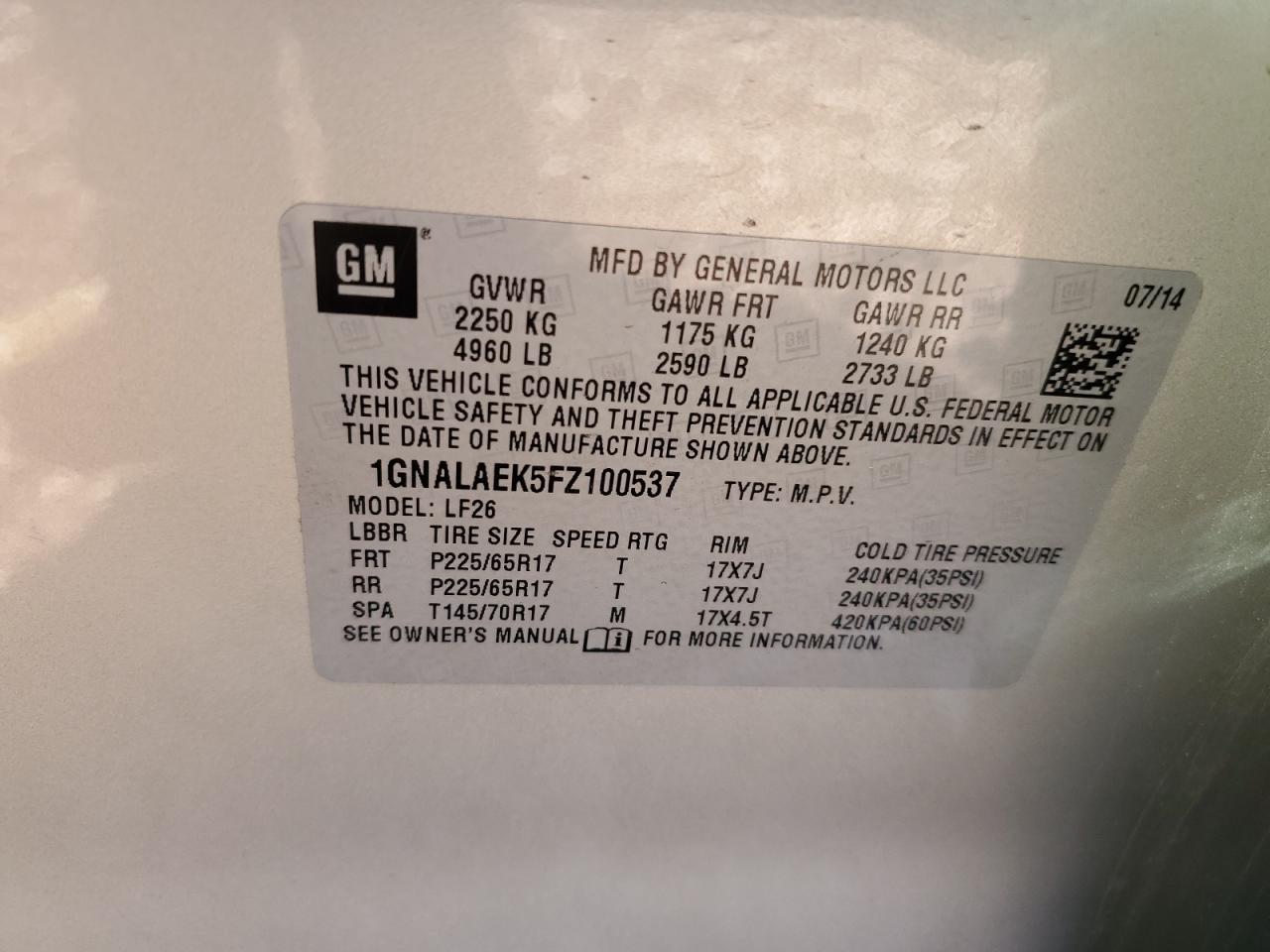 1GNALAEK5FZ100537 2015 Chevrolet Equinox Ls