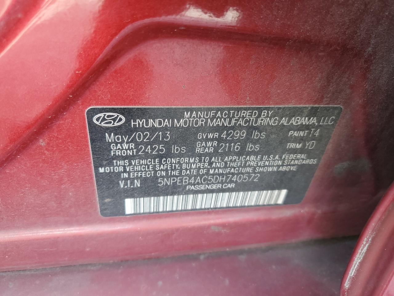 5NPEB4AC5DH740572 2013 Hyundai Sonata Gls