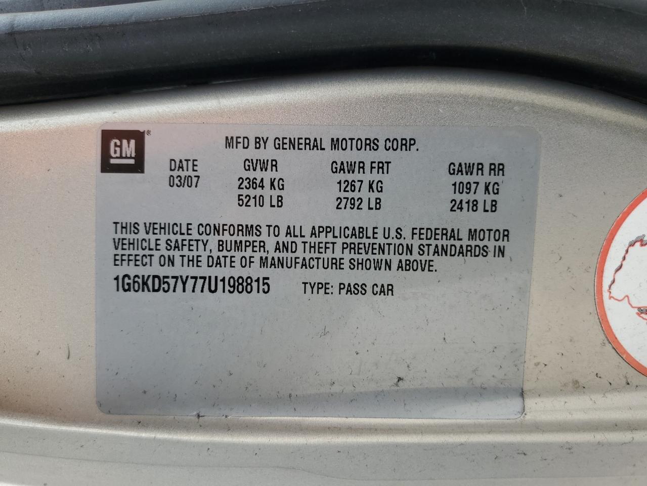 1g6kd57y77u198815 1G6KD57Y77U198815 2007 Cadillac Dts