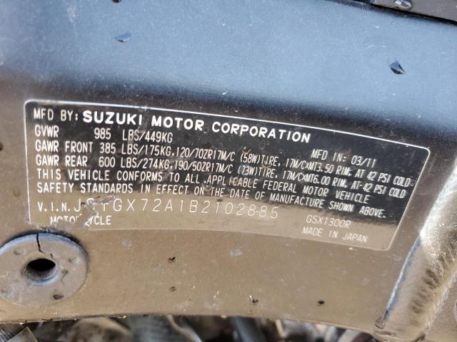 2011 Suzuki Gsx1300 R VIN: JS1GX72A1B2102885 Lot: 43366874