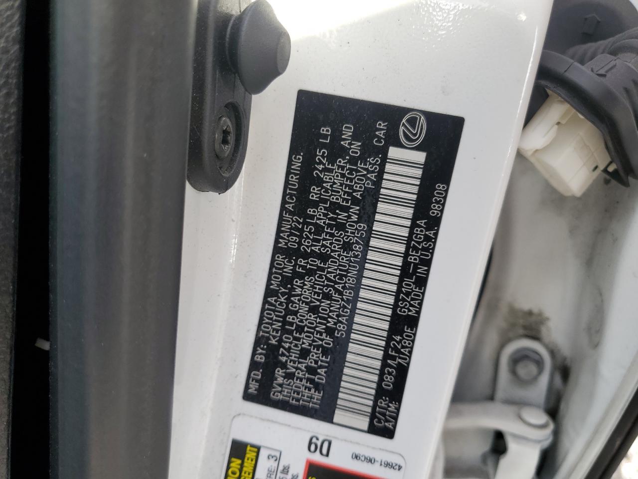 58AGZ1B18NU138759 2022 Lexus Es 350 Base