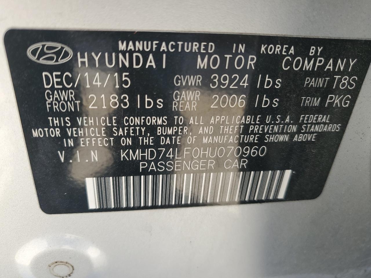 KMHD74LF0HU070960 2017 Hyundai Elantra Se