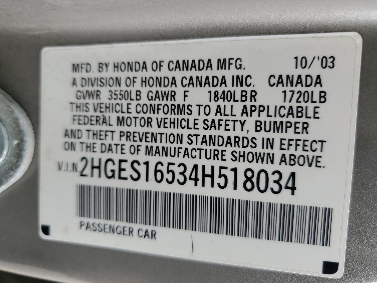 2hges16534h518034 2HGES16534H518034 2004 Honda Civic Lx