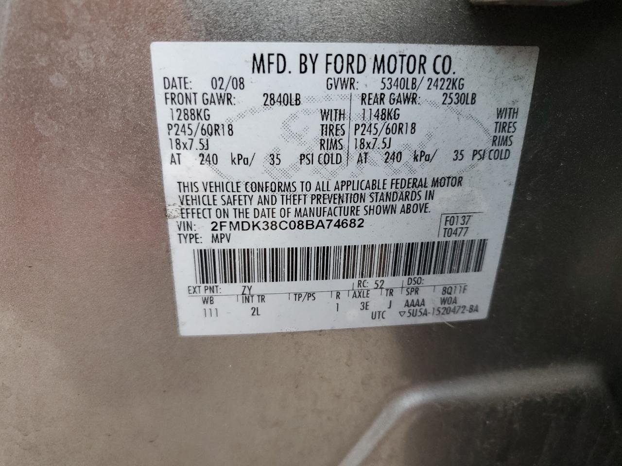 2FMDK38C08BA74682 2008 Ford Edge Sel