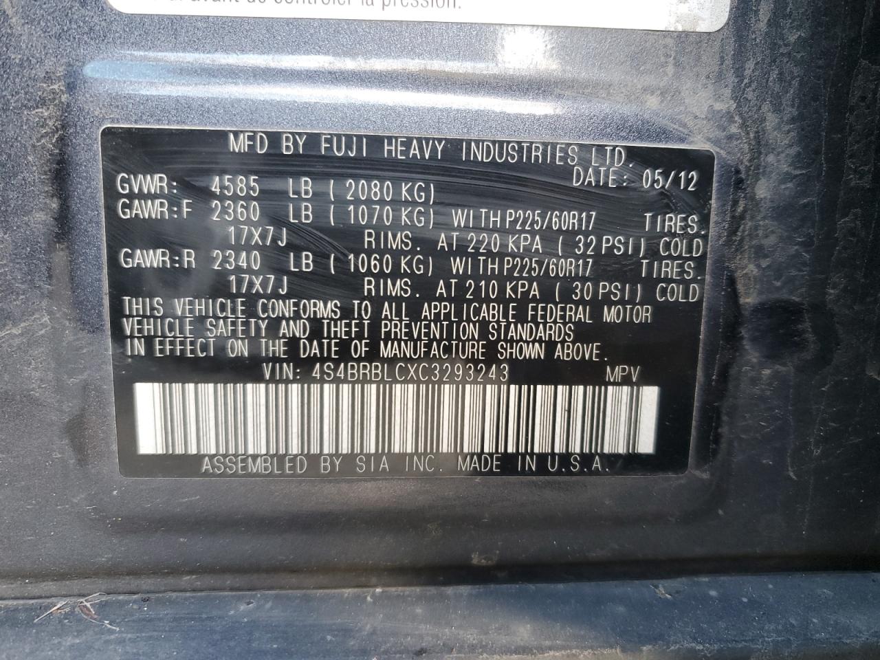 4S4BRBLCXC3293243 2012 Subaru Outback 2.5I Limited