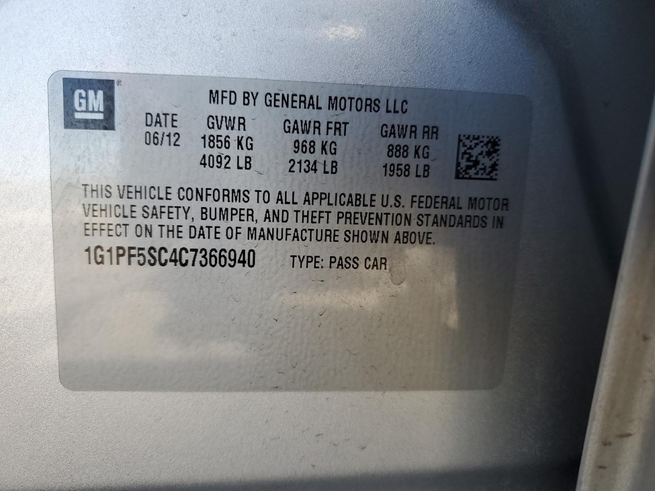 1G1PF5SC4C7366940 2012 Chevrolet Cruze Lt