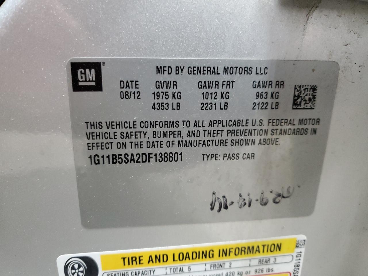 1G11B5SA2DF138801 2013 Chevrolet Malibu Ls