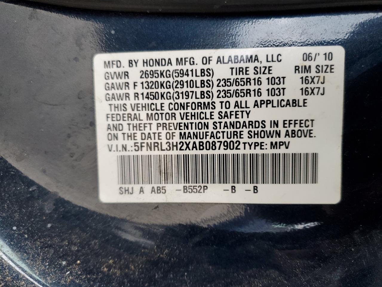 5FNRL3H2XAB087902 2010 Honda Odyssey Lx